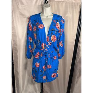 NWT LOFT Beach Blue Floral Romper S Metallic Stripe Belted 3/4 Sleeve